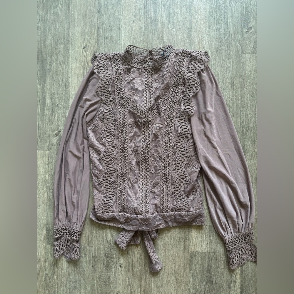 Daytrip Tan Puff Sleeve Blouse with Ruffled Tie Front